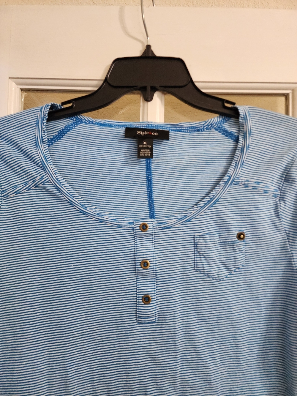 Style & Co Blue White Striped Roll Tab Henley Top XL Coastal Cotton - Picture 5 of 11
